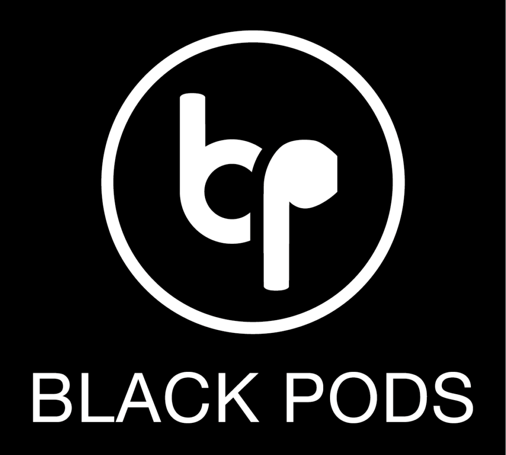 Black Pods logo vertical white bg CMYK